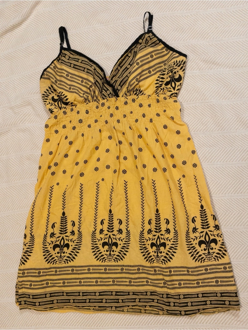 Yellow Black Block Print Smocked Boho Sundress She’s Cool XL